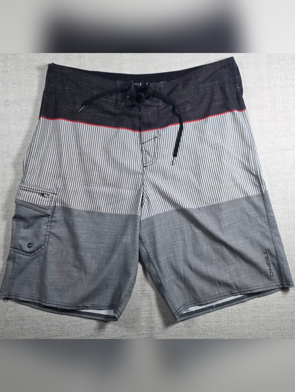 O'Neill Men's Board Shorts 34 Gray Black Striped Cargo Pocket Swim Trunks